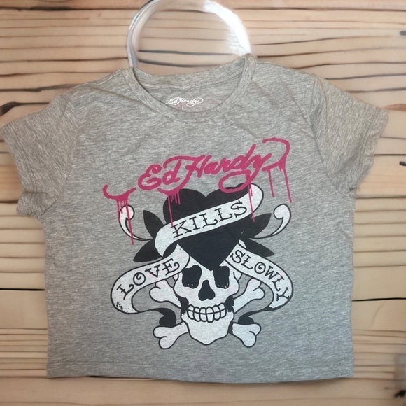 Ed Hardy Love Kills Slowly Gray Crop T-shirt Top Large - Picture 1 of 5